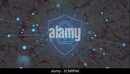 Displaying glowing padlock inside shield at center of network with blue dots rays lines and nodes Stock Photo