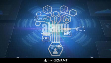 Displaying network diagram over dark blue grid, user icon, hex nodes and protocol labels Stock Photo