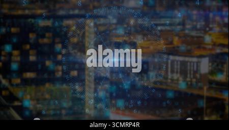Projecting HUD overlay above urban skyline at night, showing concentric ring, numeric indicators Stock Photo