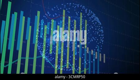 Showing vertical bar charts with green and red line graphs at analytics dashboard, with dot globe Stock Photo