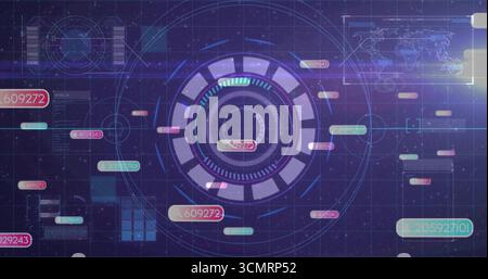 Displaying central HUD element over holographic grid, with floating numeric labels and map overlay Stock Photo