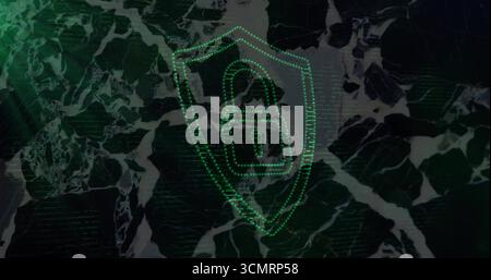 Displaying pixelated padlock icon being enclosed in green dotted shield on matrix with glitch lines Stock Photo