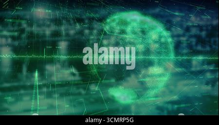 Rotating holographic globe amid wireframe grid interface, showing green points and numeric readouts Stock Photo