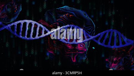 Floating blue DNA double helix spanning visual space, with binary code streams and neon contours Stock Photo
