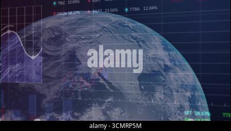 Displaying Earth globe focusing on North America in virtual dashboard, with financial overlays Stock Photo