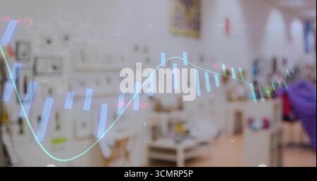 Displaying translucent financial chart overlay across studio walls, with framed artworks Stock Photo
