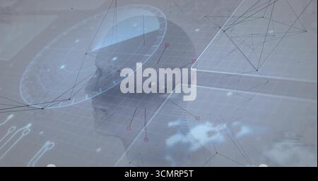 Rotating 3D wireframe human head model in virtual interface, with radar grid overlay, network nodes Stock Photo