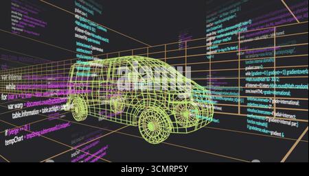 Displaying yellow wireframe SUV model sitting within 3D grid workspace, with floating code panels Stock Photo