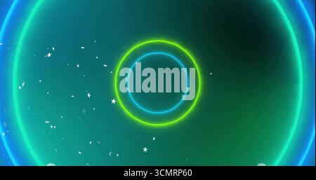 Emitting concentric neon rings creating blue green glow in space, with star-shaped particles Stock Photo