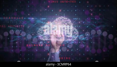 Interacting male hand in suit navigating holographic data cloud in security hub with alert overlays Stock Photo