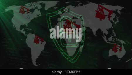 Displaying green shield protecting oil over world map, with padlock, data streams, red pump jacks Stock Photo