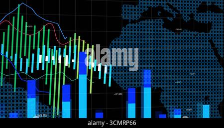 Multicolor financial charts displaying on screen, with candlestick bars, bar columns, line graphs Stock Photo