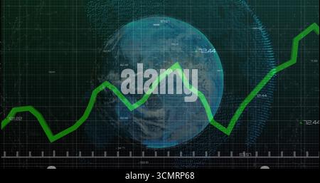 Displaying dashboard showing green zigzag graph crossing blue Earth globe on dark grid, with labels Stock Photo