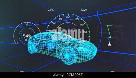 Displaying wireframe car model navigating 3D grid tunnel, with gauges, clock and navigation arrow Stock Photo