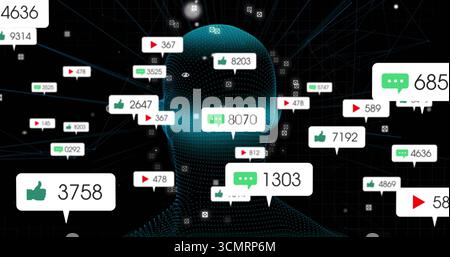 Displaying dotted silhouette pulsing connections in cyberspace with notification icons Stock Photo