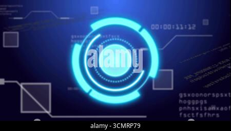 Showing blue HUD element on scifi interface, with arcs, data lines, code strings and timestamp Stock Photo