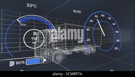 Displaying wireframe truck chassis in grid space with eco gauge, battery icon, speedometer overlays Stock Photo