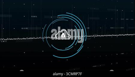 Displaying central cloud icon securing with padlock in interface with concentric rings and waveform Stock Photo