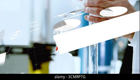 Scientist in lab coat pouring liquid from cylinder in lab, with digital data overlays, copy space Stock Photo