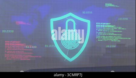 Displaying cyan shield with padlock and fingerprint on dashboard grid, numeric data and code blocks Stock Photo