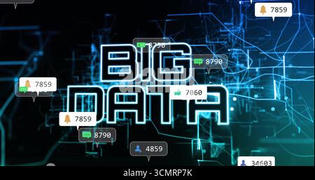 Displaying BIG DATA lettering over circuit, with notification, chat, thumbs-up and user icons Stock Photo