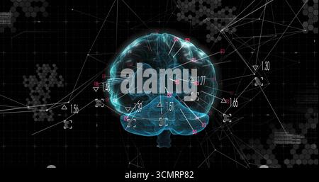 Hovering wireframe brain on grid with numeric labels, triangular square markers, lines and hexagons Stock Photo