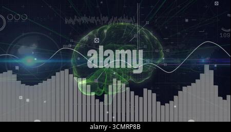 Displaying wireframe 3D brain model hovering in dashboard, with white waveform graph and bar chart Stock Photo