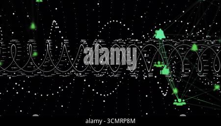 Displaying data network flowing on black backdrop with white dotted waveform and green user network Stock Photo