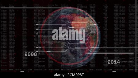 Displaying digital globe linking alphanumeric data columns with red overlay on tech interface Stock Photo