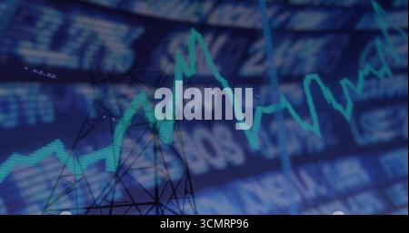 Displaying aqua-colored line graph fluctuating over dashboard, with ticker and lattice grid Stock Photo