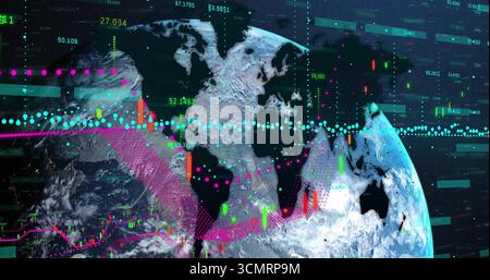 Presenting Earth globe with data overlays in space, with candlesticks, line graphs, floating points Stock Photo