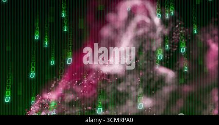 Swirling pink and magenta particle cloud moving in data field, with glowing green binary digits Stock Photo
