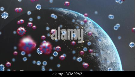 Revealing Earth orbiting outer space void, with floating blue white red spiked virus particles Stock Photo