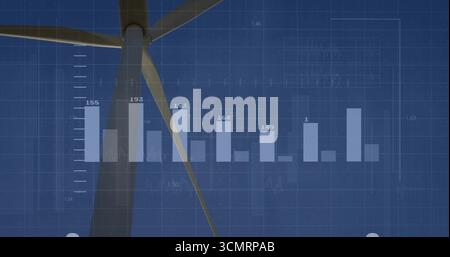 Displaying wind turbine tower and blade over deep-blue grid interface, with vertical bar chart Stock Photo