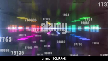 Streaming numbers and rainbow neon rectangles converging toward central light source in data tunnel Stock Photo