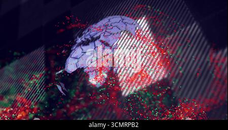Spinning 3D globe glowing in abstract space, with hex-grid, red-green particles, diagonal stripes Stock Photo