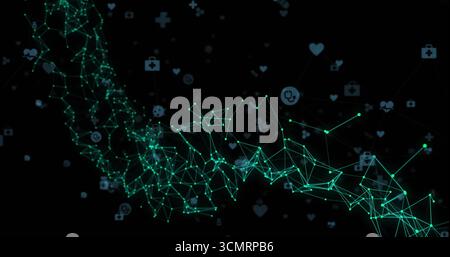Forming glowing green network in virtual space, lines connecting nodes with floating medical icons Stock Photo