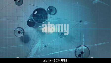 Floating translucent nodes forming network web in virtual digital grid, streaming data code Stock Photo