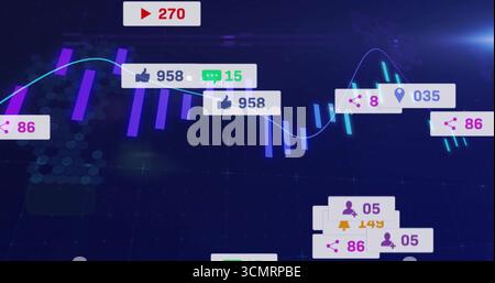 Futuristic data dashboard displaying candlestick bars neon graph and icons in hex grid interface Stock Photo
