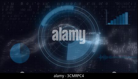 Displaying radar HUD interface on dark grid, streaming particles, binary code, pie chart, bar chart Stock Photo