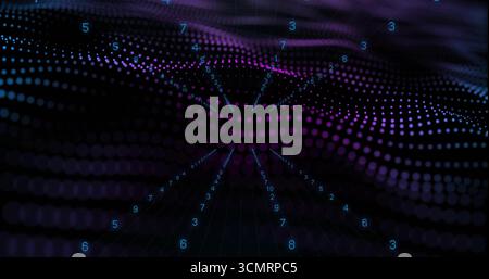 Displaying purple-blue dot grid flowing along gridlines in virtual 3D, with floating cyan numerals Stock Photo