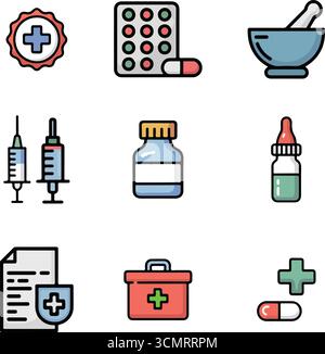 Medical and pharmacy icon set illustrations Stock Vector