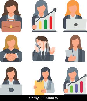 Businesswoman character set in flat-style illustrations Stock Vector