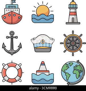 Colorful maritime and sea travel icon set with navigation sailing and ocean exploration Stock Vector