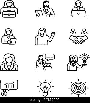 Black and white businesswoman icon set with leadership, finance technology, and innovation symbols Stock Vector