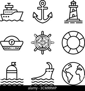 Minimalist maritime icon set illustrations Stock Vector