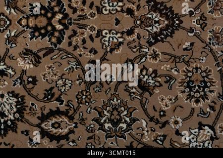 Close-up of a vintage floral carpet in shades of brown, beige, black and white, showcasing intricate woven and tufted motifs ideal for backgrounds, te Stock Photo