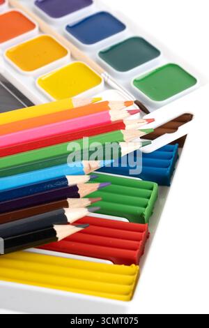 Colored pencils, plasticine and watercolor paints in box, highlighted on white background Stock Photo