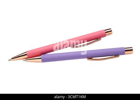 Pink and purple pens isolated on white background. Top view Stock Photo