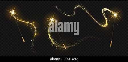 Realistic magic wand with light trail, shining star and sparks. Magic wands with glittering energy trace, golden glow particles. Christmas, Xmas festive element. Vector isolated set. Stock Vector